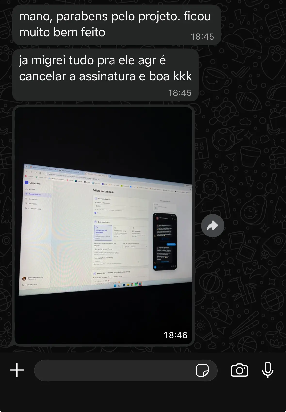 Cliente elogiando o sistema e cancelando o ManyChat